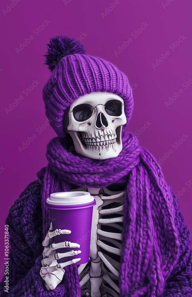 Fototapeta premium Cozy skeleton in purple winter outfit with coffee cup. Concept of takeaway coffee in winter time.