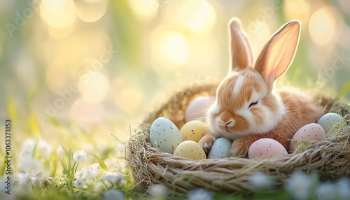 A cute Easter bunny snuggled up in a woven basket overflowing with colorful eggs, soft lighting, and a gentle spring background, evoking warmth and joy