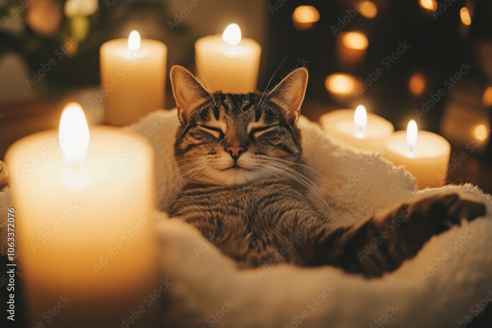 Relaxed cat in a cozy pet spa with candles for tranquil ambiance Relaxed cat in a cozy pet spa with candles for tranquil ambiance