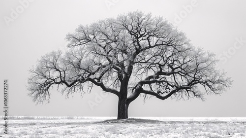 A stark tree silhouette stands boldly against a pure white background