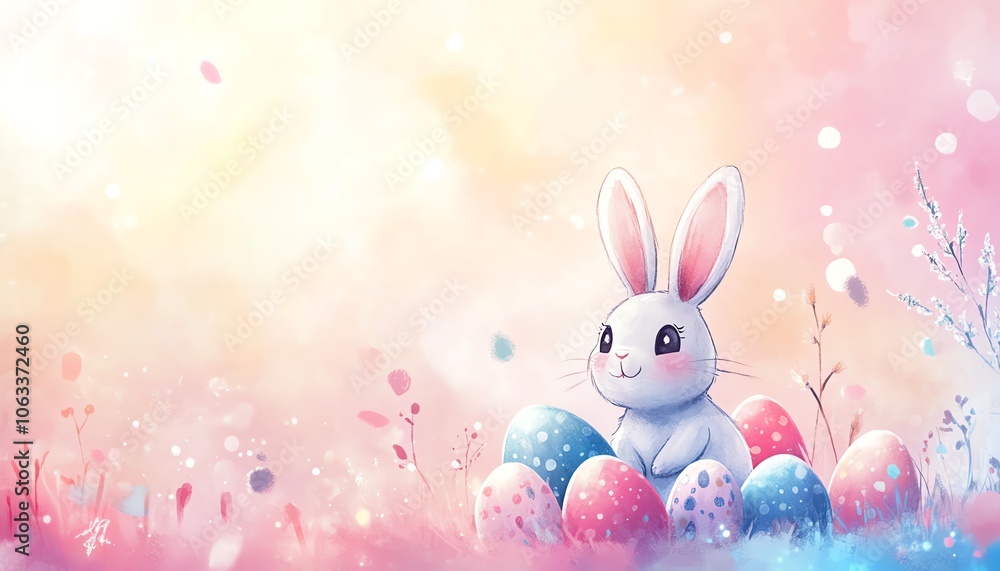 A joyful Easter background featuring cute handdrawn eggs and a playful bunny, complemented by abstract shapes on a soft pastel backdrop, vibrant and cheerful atmosphere A joyful Easter background featuring cute handdrawn eggs and a playful bunny, complemented by abstract shapes on a soft pastel backdrop, vibrant and cheerful atmosphere