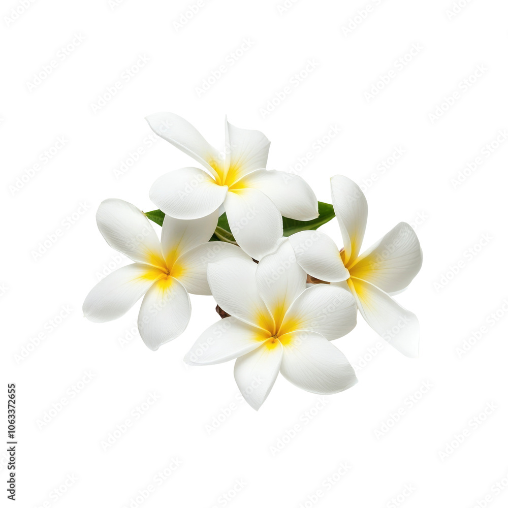 Fototapeta premium Closeup of Frangipani Flowers with White Petals and Yellow Centers