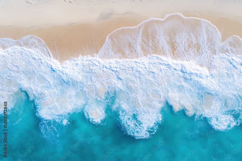 Aerial view of turquoise ocean waves crashing onto sandy beach Aerial view of turquoise ocean waves crashing onto sandy beach