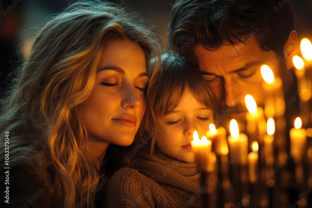 Family praying together by menorah's warm glow - a celebration of faith and togetherness Family praying together by menorah's warm glow - a celebration of faith and togetherness
