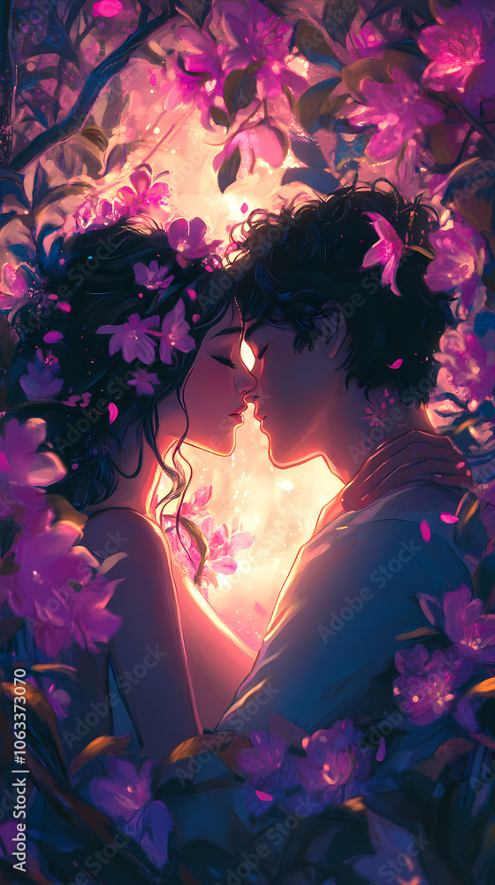Fototapeta premium Valentines Romantic Hug in Anime Style: Kawaii Couple with Lofi Colors