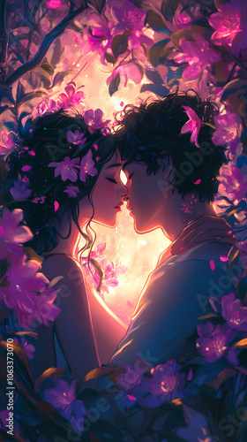 Wallpaper Mural Valentines Romantic Hug in Anime Style: Kawaii Couple with Lofi Colors Torontodigital.ca