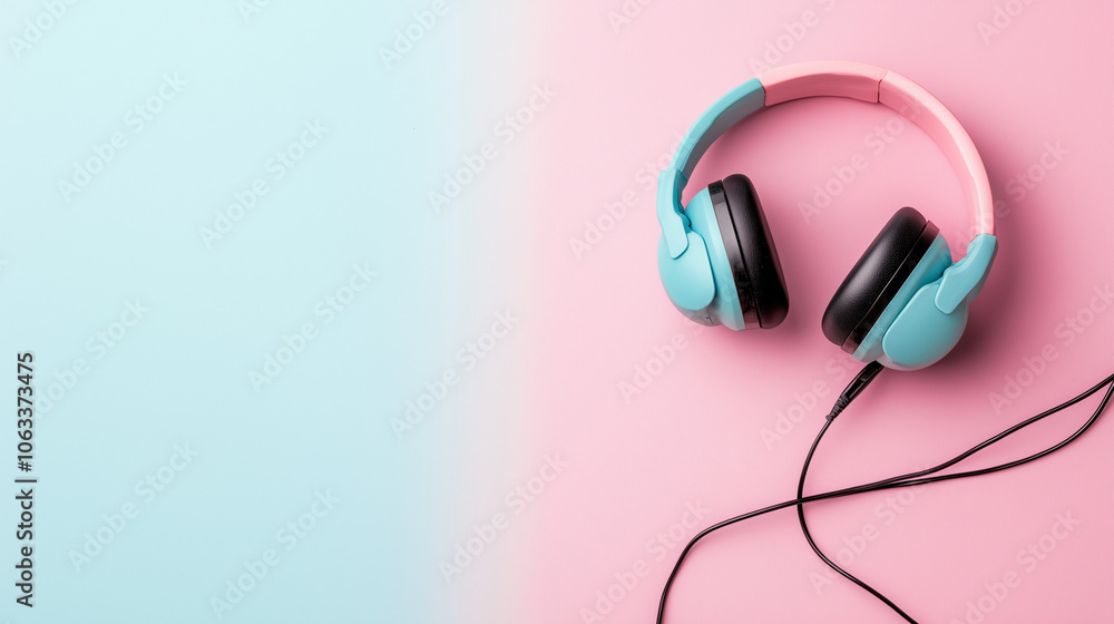 Pastel blue and pink headphones on a pink background. Music concept with space for text. Pastel blue and pink headphones on a pink background. Music concept with space for text.