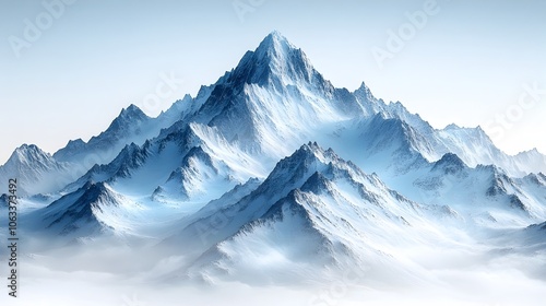 snowy mountain peak towering above a dramatic landscape of misty,rugged alpine terrain in a tranquil,remote winter setting. This breathtaking natural scenery evokes a sense of solitude.