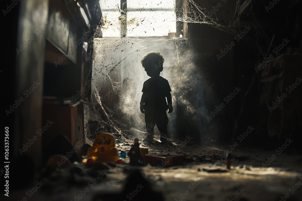 Fototapeta premium dark silhouette of ghostly little child in ominous old abandoned dusty room with children's toys and cobwebs