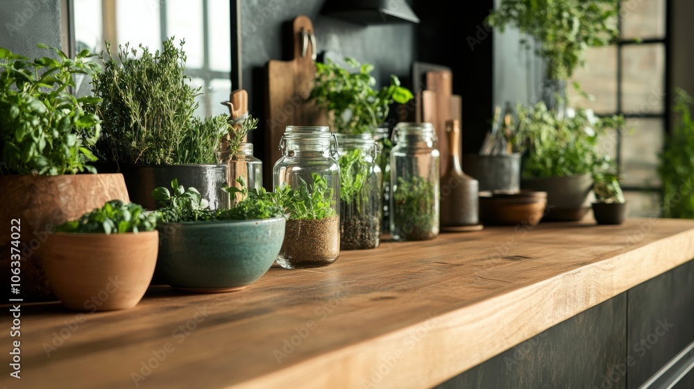 Fototapeta premium A sophisticated wooden counter in a modern kitchen,