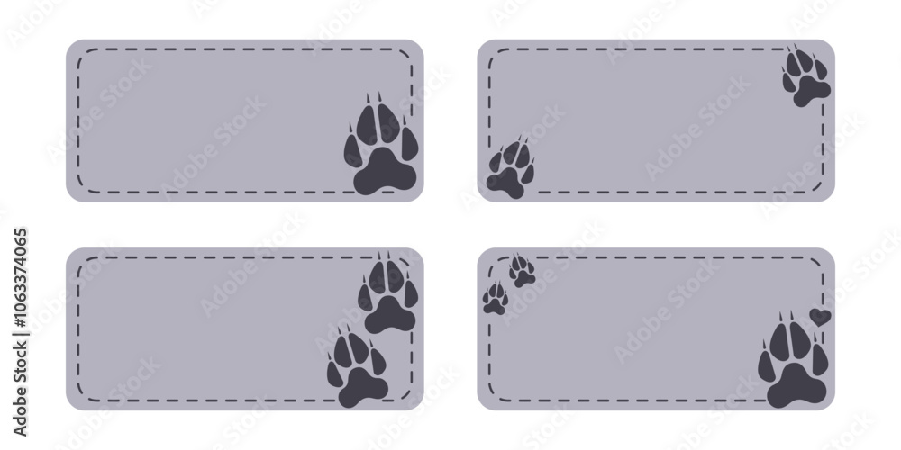 Obraz premium Set of four gray labels with sewing thread and wolf or dog paw print. Isolated vector illustration 