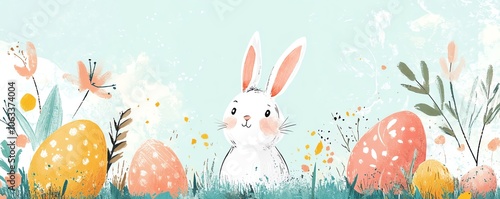 Charming Easterthemed illustration with adorable handdrawn eggs and a bunny, surrounded by whimsical abstract shapes on a pastel background, festive vibe photo