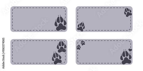 Set of four gray labels with sewing thread and wolf or dog paw print. Isolated vector illustration	