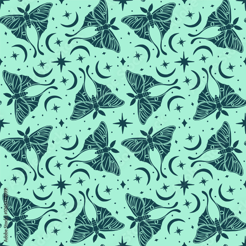 Monochrome seamless pattern with celestial luna moth and paisley motif. Stars and moons boho wallpaper. Nocturnal butterfly background.