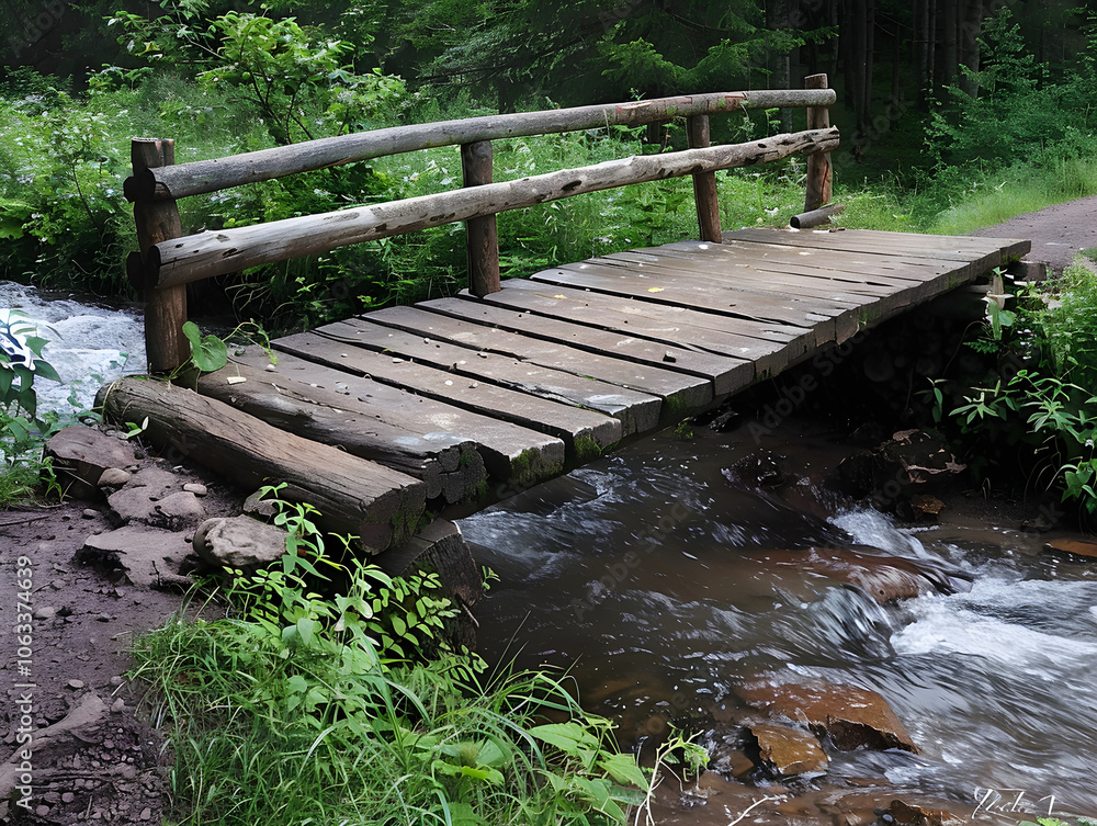 A picturesque wooden bridge crosses a gentle stream, surrounded by lush greenery and tranquility. A picturesque wooden bridge crosses a gentle stream, surrounded by lush greenery and tranquility.