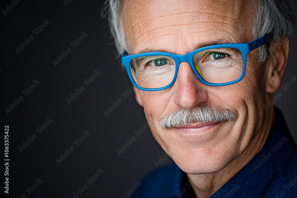 distinguished gentleman wearing modern blue-framed glasses, mustache perfectly groomed, optics distinguished gentleman wearing modern blue-framed glasses, mustache perfectly groomed, optics