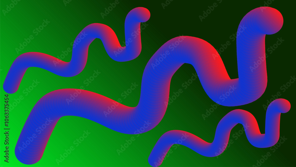 Three wavy objects like snake with pink blue gradient on green gradient background Three wavy objects like snake with pink blue gradient on green gradient background