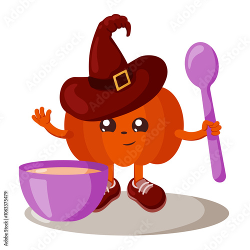 Funny cute kawaii Halloween pumpkin with witch hat, spoon and bowl. Isolated vector illustration in flat design with shadows	