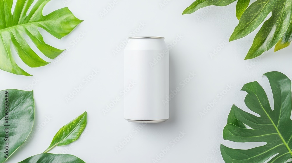 Mock-up of a white soda can surrounded by vibrant green leaves, isolated on minimal background. ai generated Mock-up of a white soda can surrounded by vibrant green leaves, isolated on minimal background. ai generated