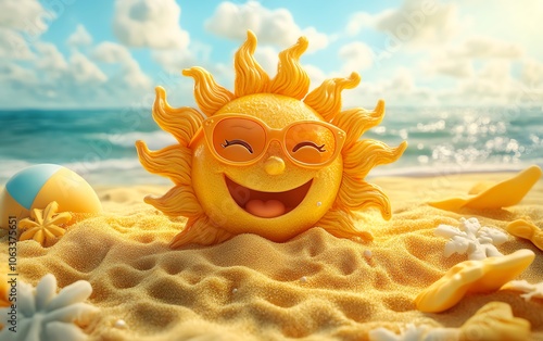 Endearing illustration of a smiling sun in golden sand on a summer beach, with playful details like sunglasses and a beach ball, colorful and fun photo