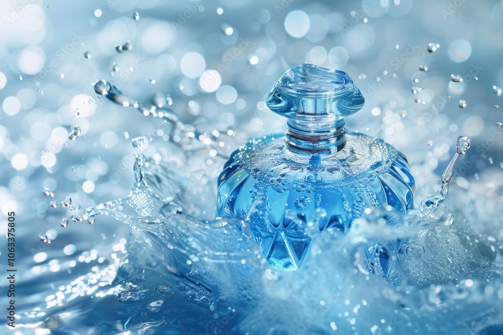 A blue water bottle splashes into the ocean, creating a ripple effect