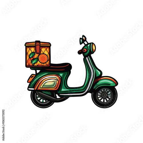 A sleek, modern scooter with a large, insulated food delivery bag strapped securely to the back, ready to deliver delicious meals.