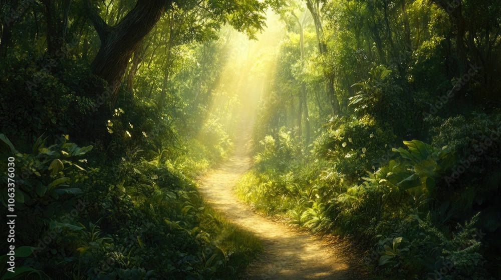Fototapeta premium A winding trail through a dense forest, with sunlight breaking through the canopy.