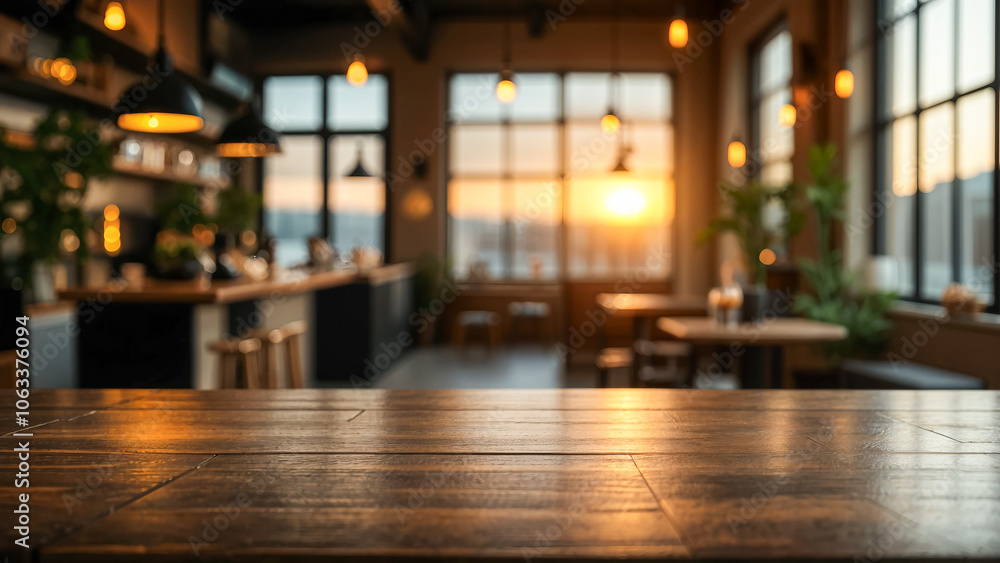 Warm Sunset Glow in Cozy Restaurant Interior Warm Sunset Glow in Cozy Restaurant Interior