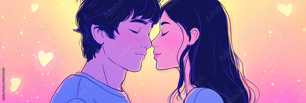 Romantic Hug in Anime Style: Kawaii Couple with Lofi Colors Romantic Hug in Anime Style: Kawaii Couple with Lofi Colors