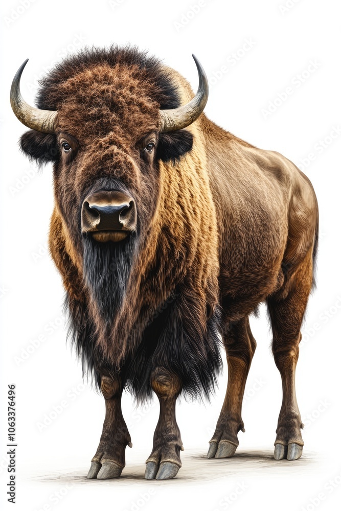 A large bison stands on a white surface, perfect for use in editorial or commercial contexts where a prominent wildlife image is needed A large bison stands on a white surface, perfect for use in editorial or commercial contexts where a prominent wildlife image is needed