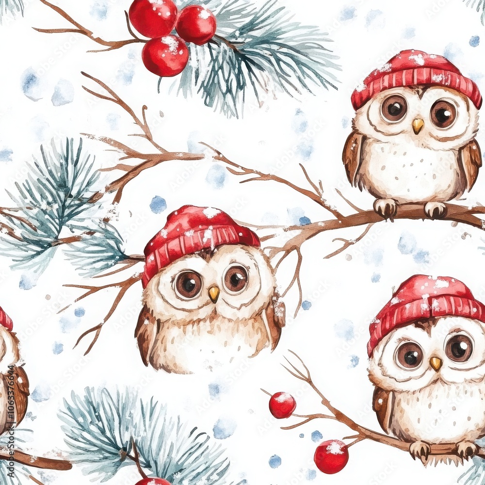 A charming pattern featuring cute owls wearing red hats, perched on branches with pine needles and red berries against a white background. A charming pattern featuring cute owls wearing red hats, perched on branches with pine needles and red berries against a white background.