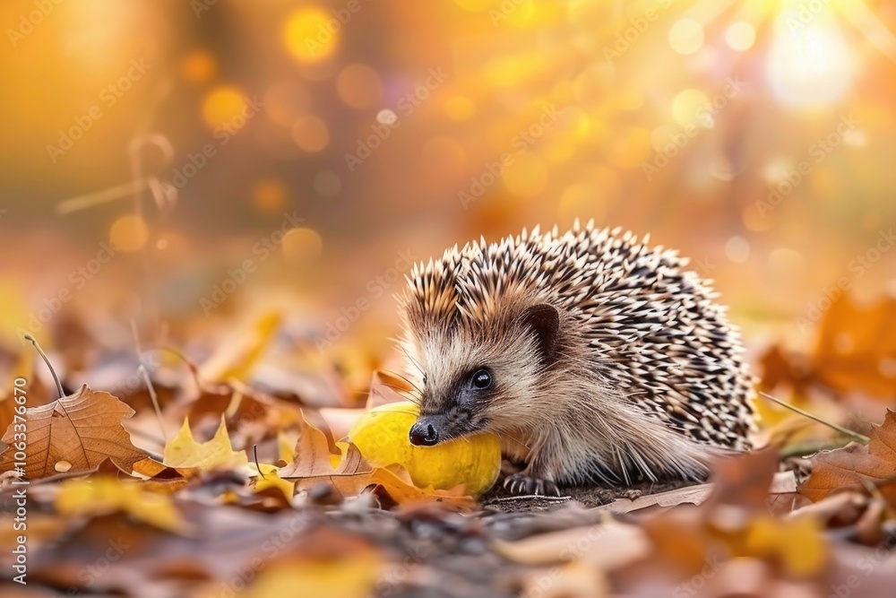 A hedgehog munching on a fruit in leafy surroundings A hedgehog munching on a fruit in leafy surroundings
