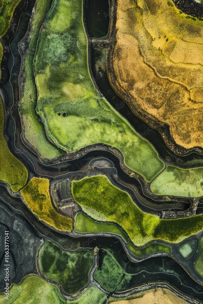 Aerial view of a river flowing through a lush green field, suitable for landscape or nature photography