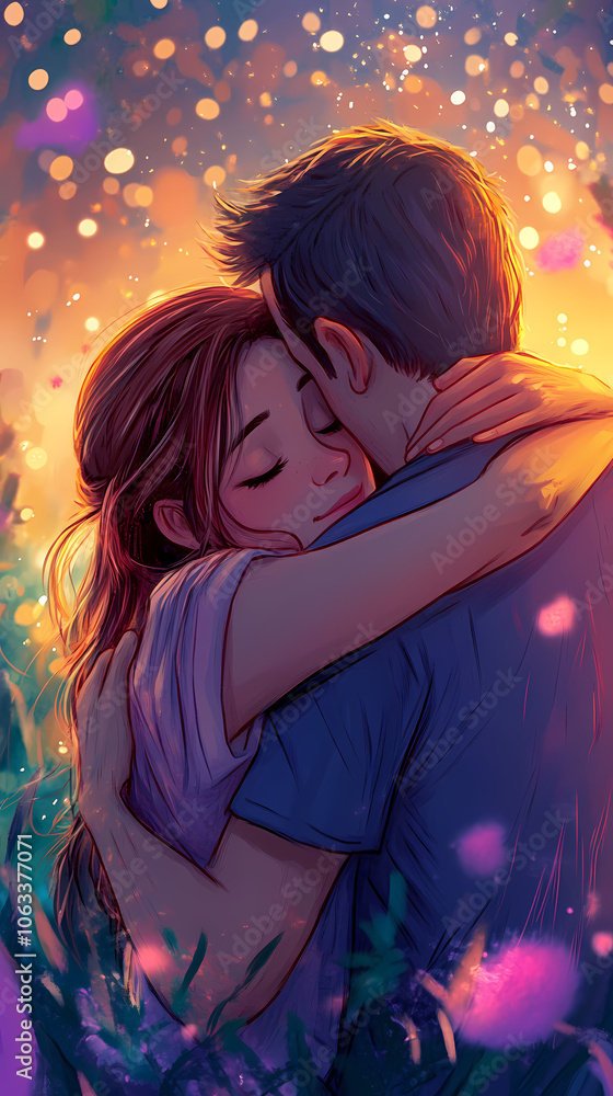 Romantic Hug in Anime Style: Kawaii Couple with Lofi Colors Romantic Hug in Anime Style: Kawaii Couple with Lofi Colors