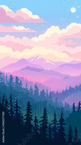 A serene landscape featuring purple-hued mountains and lush evergreen forests under a pastel sky, creating a peaceful atmosphere.
