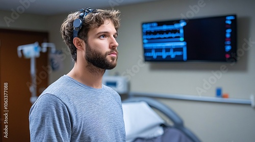 Patient wearing a wearable health monitor, illustrating how technology tracks health metrics in real time with empty space for text photo