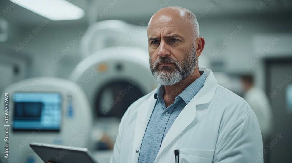 Medical professional conducting a remote examination using AI-powered equipment, highlighting efficiency and innovation with empty space for text Medical professional conducting a remote examination using AI-powered equipment, highlighting efficiency and innovation with empty space for text