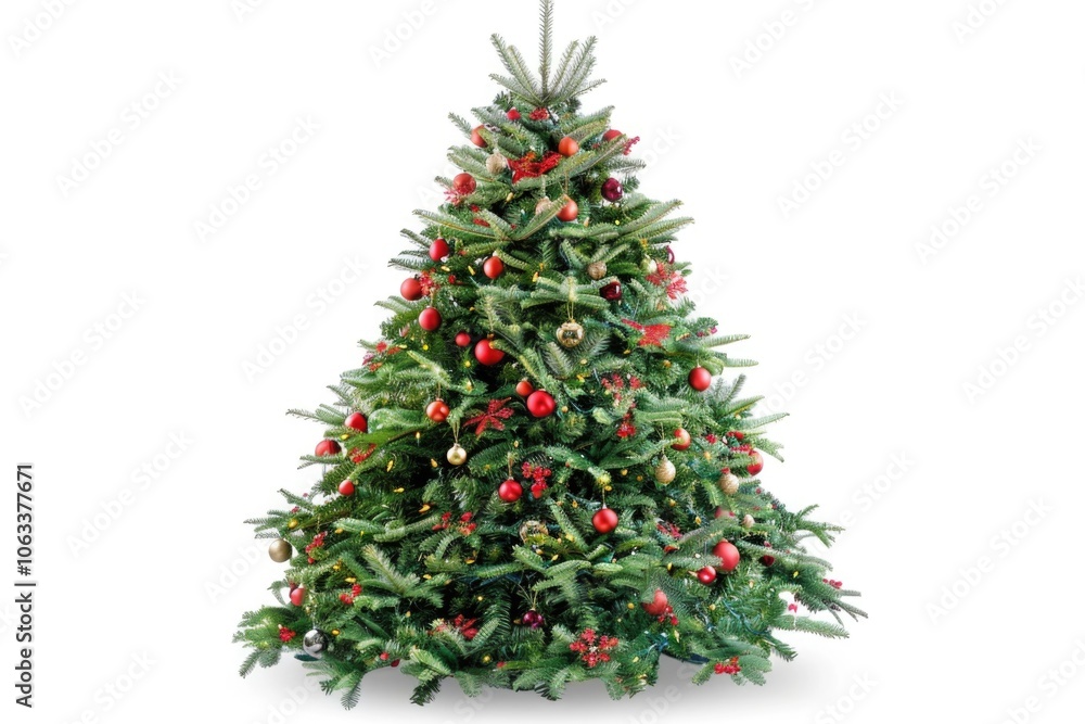 A festive Christmas tree decorated with red and green ornaments, ideal for holiday scenes or winter wonderland illustrations A festive Christmas tree decorated with red and green ornaments, ideal for holiday scenes or winter wonderland illustrations