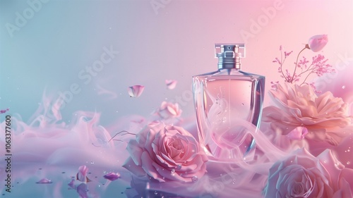 Luxurious and captivating image of a rose-scented pink perfume bottle with delicate floral accents
