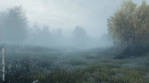 A meadow covered in morning mist.