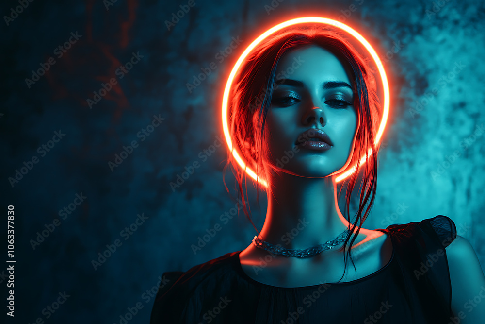 A beautiful woman standing with a neon halo, captured in a cinematic photography style
A beautiful woman standing with a neon halo, captured in a cinematic photography style