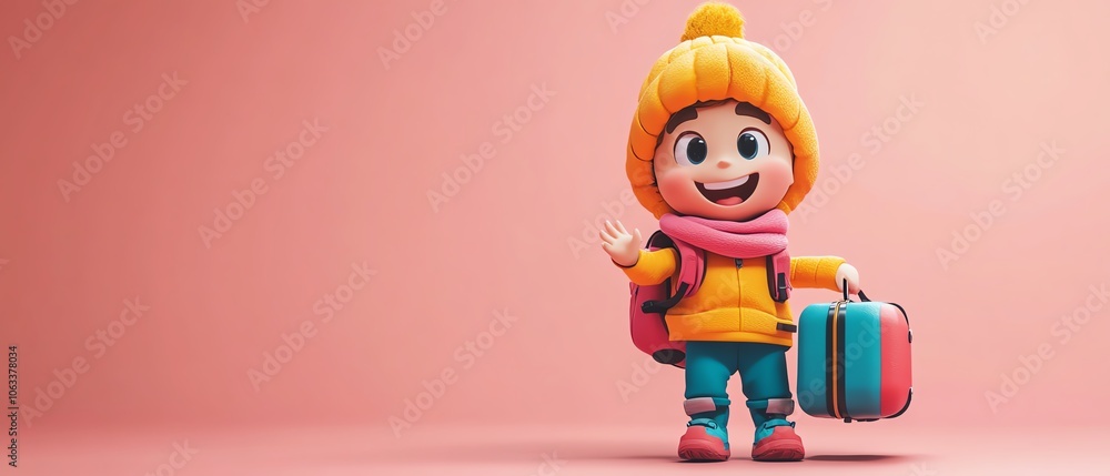 3D cute cartoon character of a person embarking on a vacation adventure, carrying a suitcase, featuring a colorful outfit and a joyful demeanor 3D cute cartoon character of a person embarking on a vacation adventure, carrying a suitcase, featuring a colorful outfit and a joyful demeanor