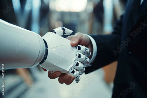 Close up of handshake between business man in suit and artificial intelligence android arm