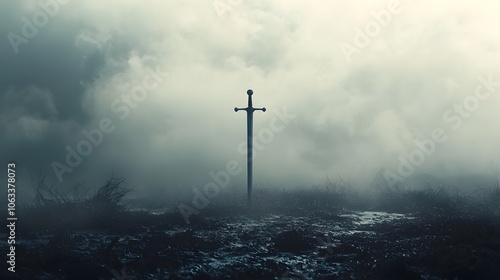 Lone Sword Stands Amidst Misty Battlefield Eerie Silence After War s End