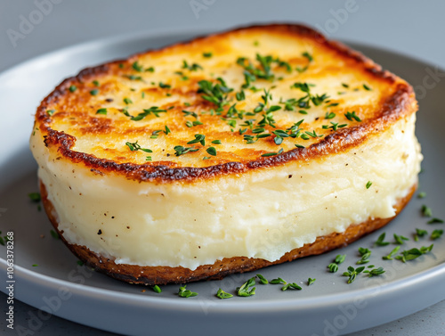 Mashed potatoes with Grana Padano cheese, a food photograph, a delicious dish on a plate, against a white background, macro photography for a restaurant menu