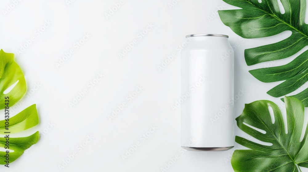 Mock-up of a white soda can surrounded by vibrant green leaves, isolated on minimal background. ai generated Mock-up of a white soda can surrounded by vibrant green leaves, isolated on minimal background. ai generated