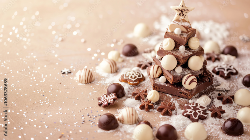A decorative tree created with chocolate treats and snowflakes, crowned with a shining star. Sign witn number of year - 2025. Copyspace A decorative tree created with chocolate treats and snowflakes, crowned with a shining star. Sign witn number of year - 2025. Copyspace
