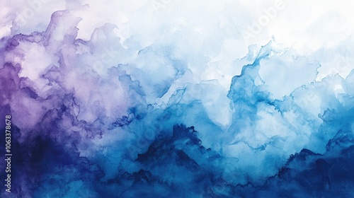 Abstract watercolor background in shades of blue and purple, with fluid washes of color creating soft gradients and organic shapes.