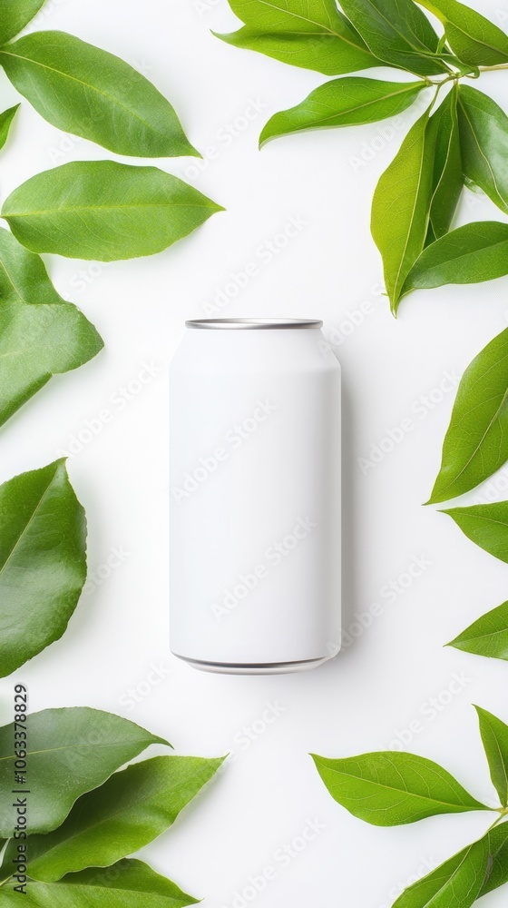 Mock-up of a white soda can surrounded by vibrant green leaves, isolated on minimal background. ai generated Mock-up of a white soda can surrounded by vibrant green leaves, isolated on minimal background. ai generated