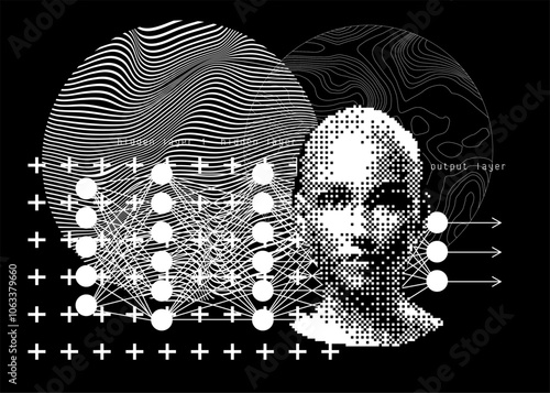 Vector illustration depicting a human-like face blended with the structure of a deep neural network. The design showcases a connection of AI nodes and representing hidden and output layers.